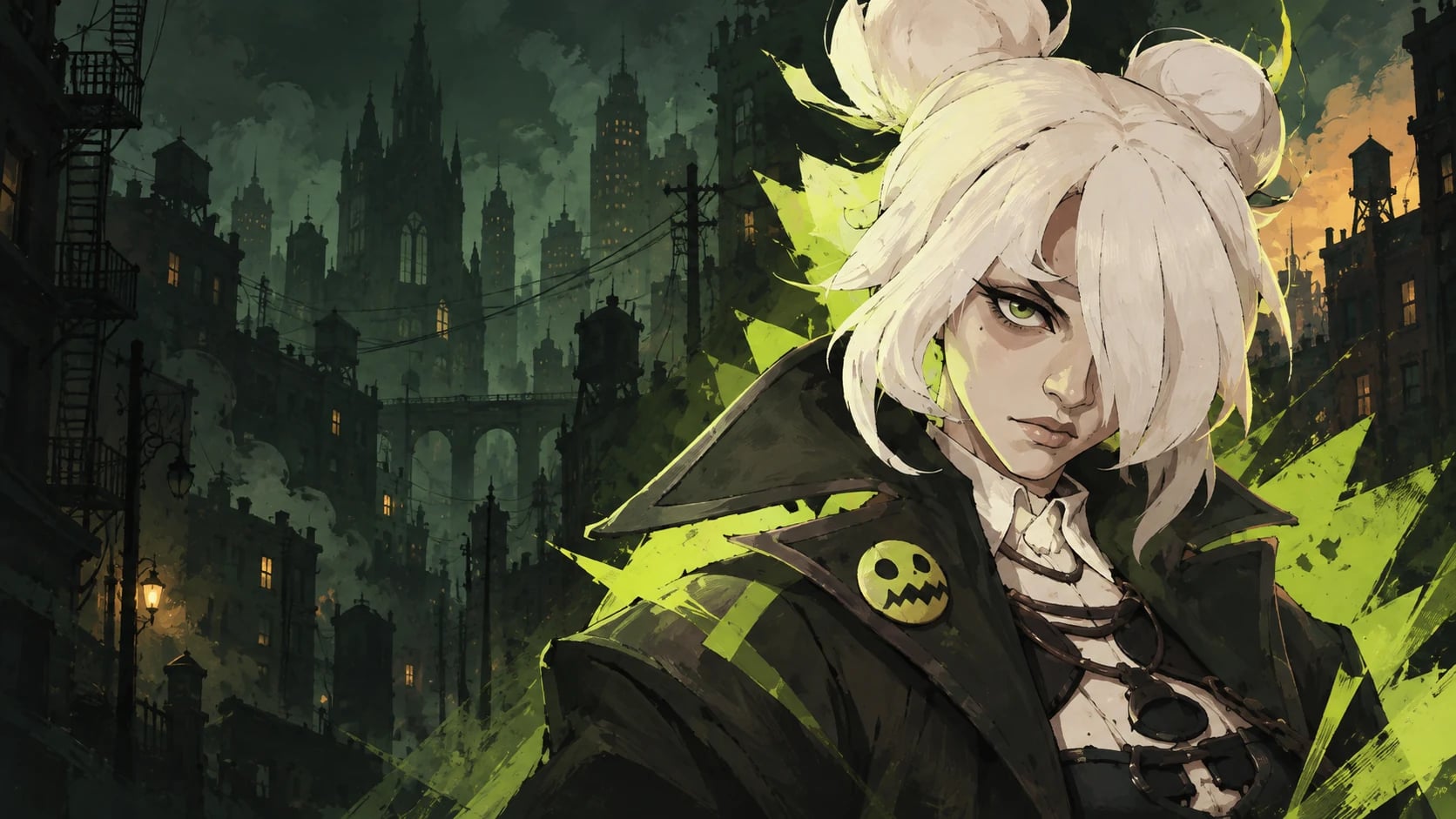 A pale-haired Deadlock-inspired heroine against an occult New York skyline